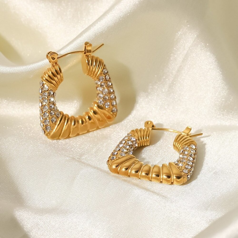 Zircon Chunky Square 18K Gold Plated Hoop Earrings‎ Stainless Steel
